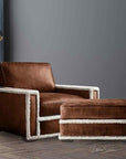 Austin Brown Benchmade Aniline Leather Ottoman With Shearing Trim - Uptown Sebastian