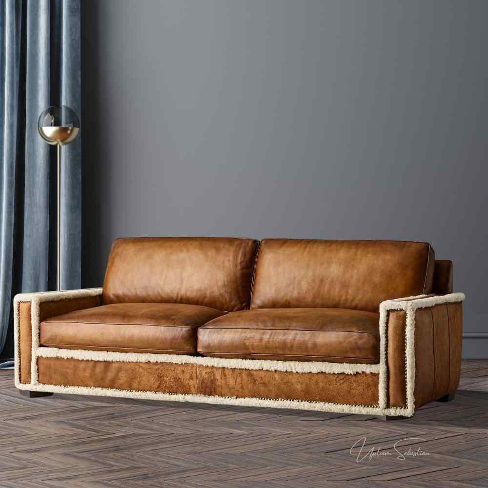 Austin Brown Benchmade Leather Couch With Shearing Trim - Uptown Sebastian