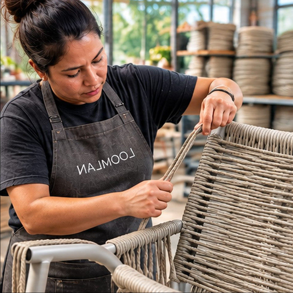 A woman wearing a black t-shirt and a dark gray LOOMLAN apron is weaving a wicker chair in a bright workshop.