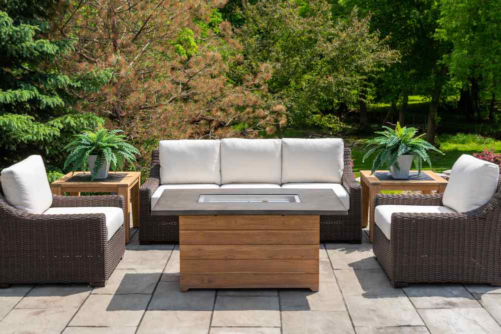 Lloyd Flanders Teak Outdoor Fire Table with Faux Concrete Top