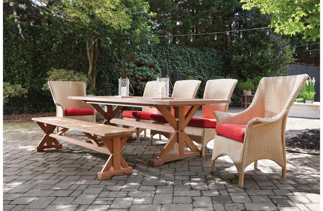 Lloyd Flanders Teak Rectangular Trestle Base Outdoor Dining Table