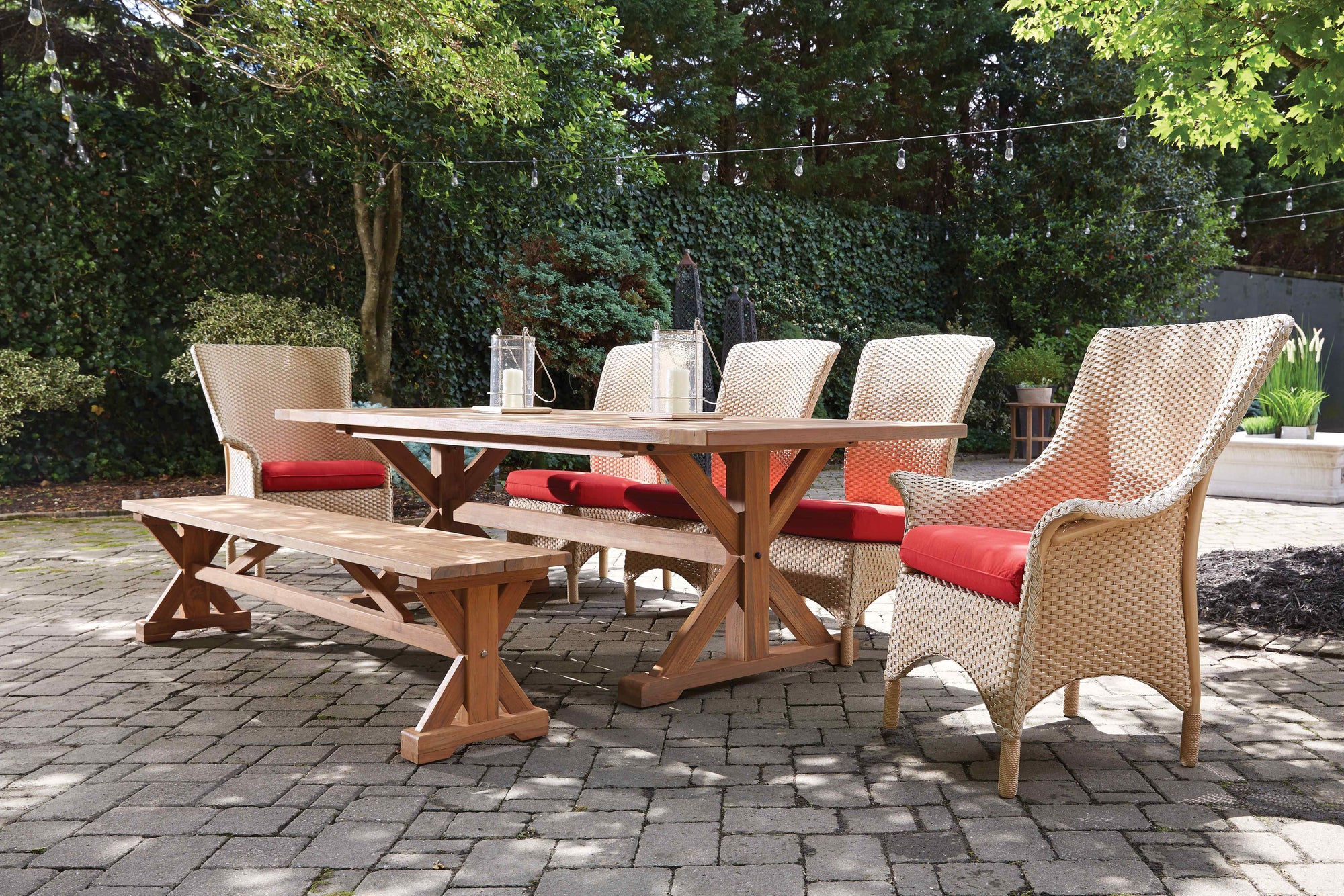 Lloyd Flanders Teak Rectangular Trestle Base Outdoor Dining Table