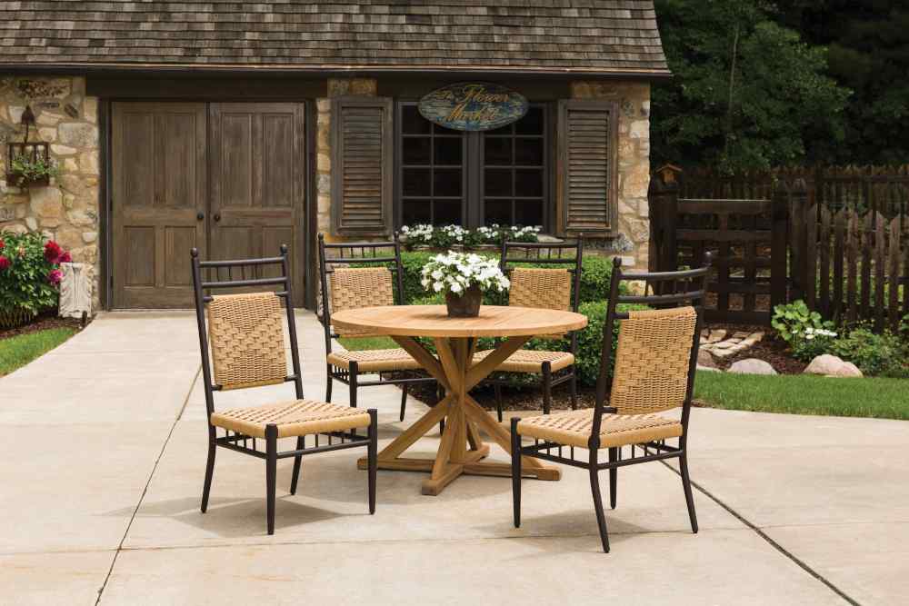 Lloyd Flanders Teak Round Cross Base Outdoor Dining Table