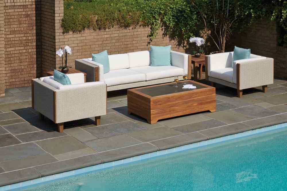 Lloyd Flanders Teak Outdoor Cocktail Table with Faux Concrete Inset