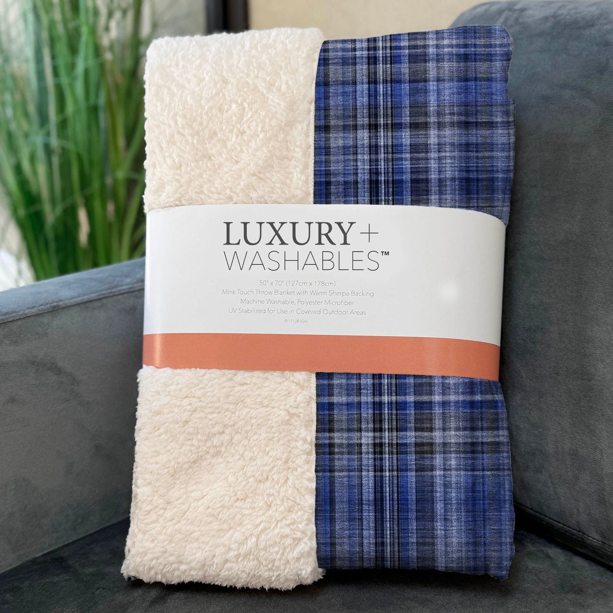 Plaid Blue Washable Indoor-Outdoor Rug