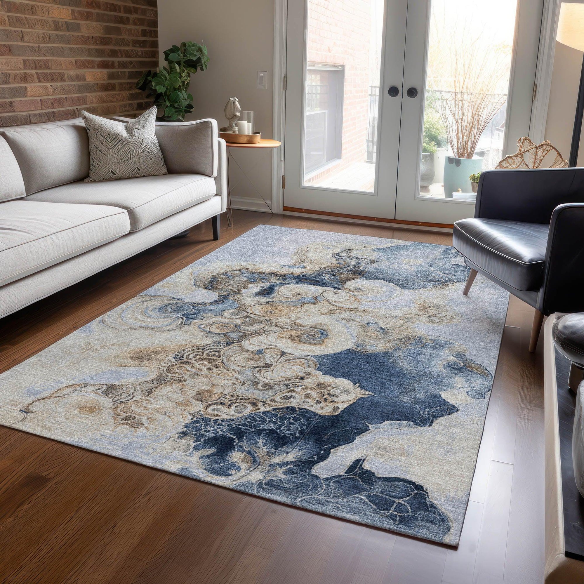 Uraion Blue Washable Indoor-Outdoor Rug