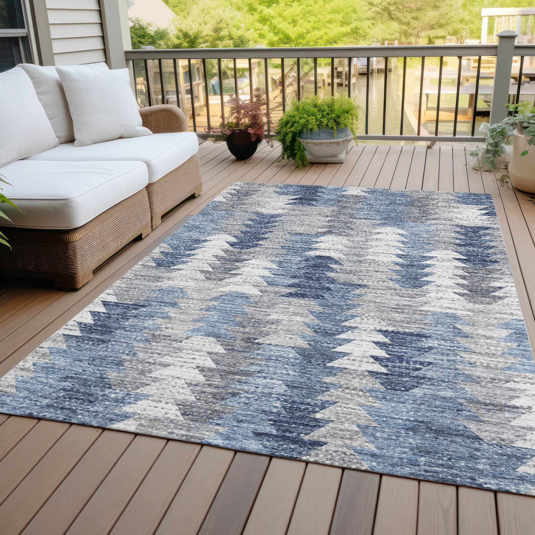 Angled Checks Blue Washable Indoor-Outdoor Rug