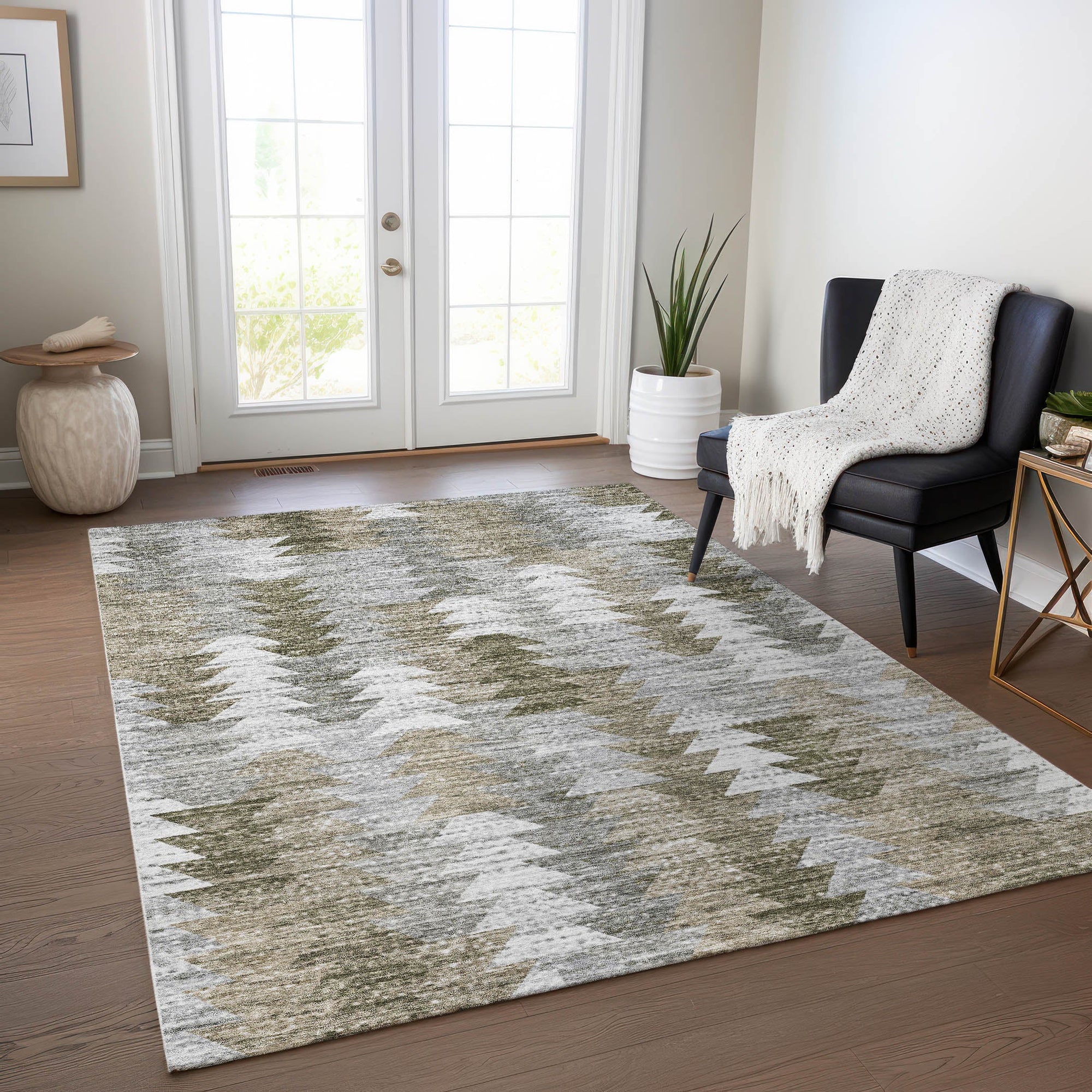 Addison Rugs Angled Checks Brown Washable Indoor-Outdoor Rug