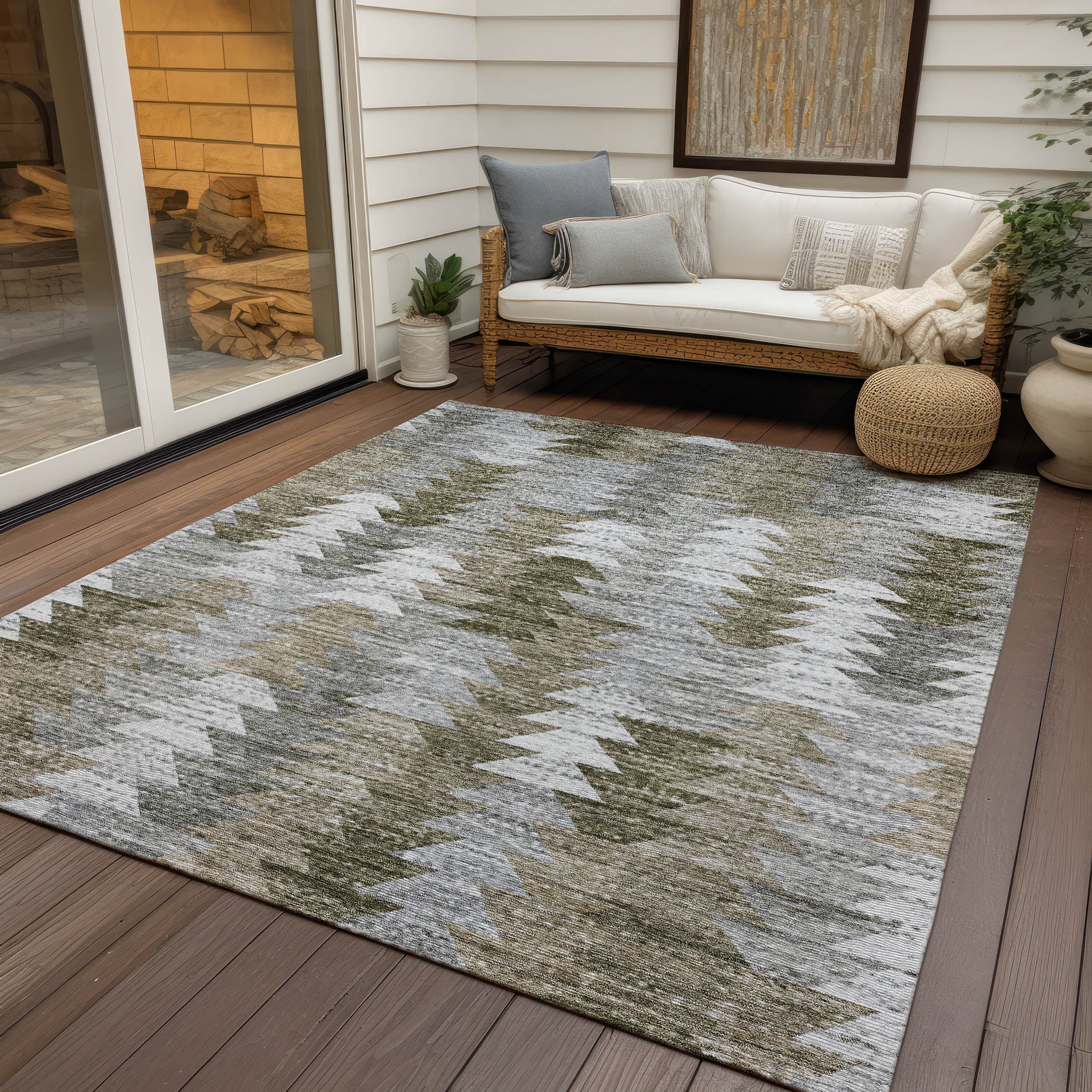 Angled Checks Brown Washable Indoor-Outdoor Rug