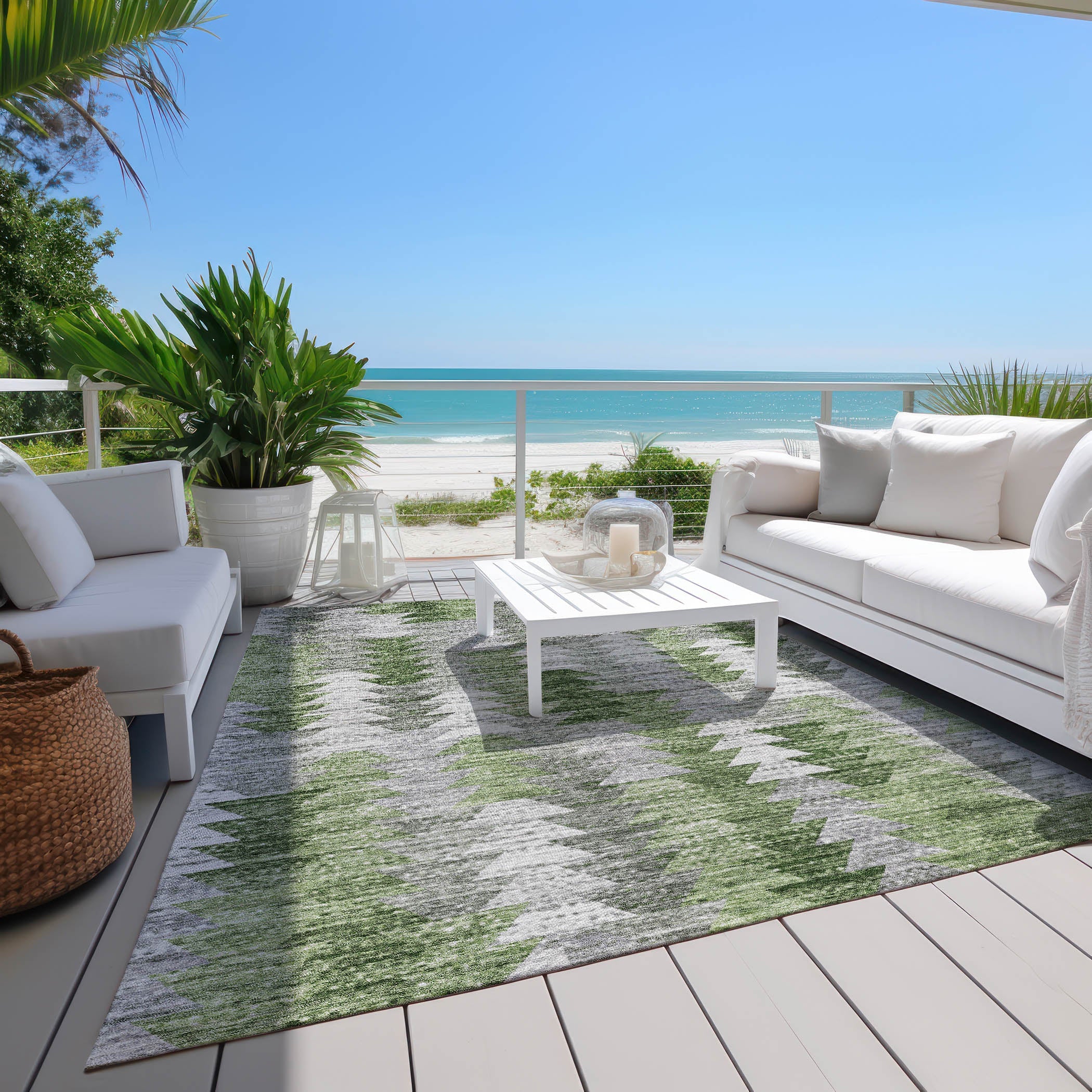 Angled Checks Green Washable Indoor-Outdoor Rug