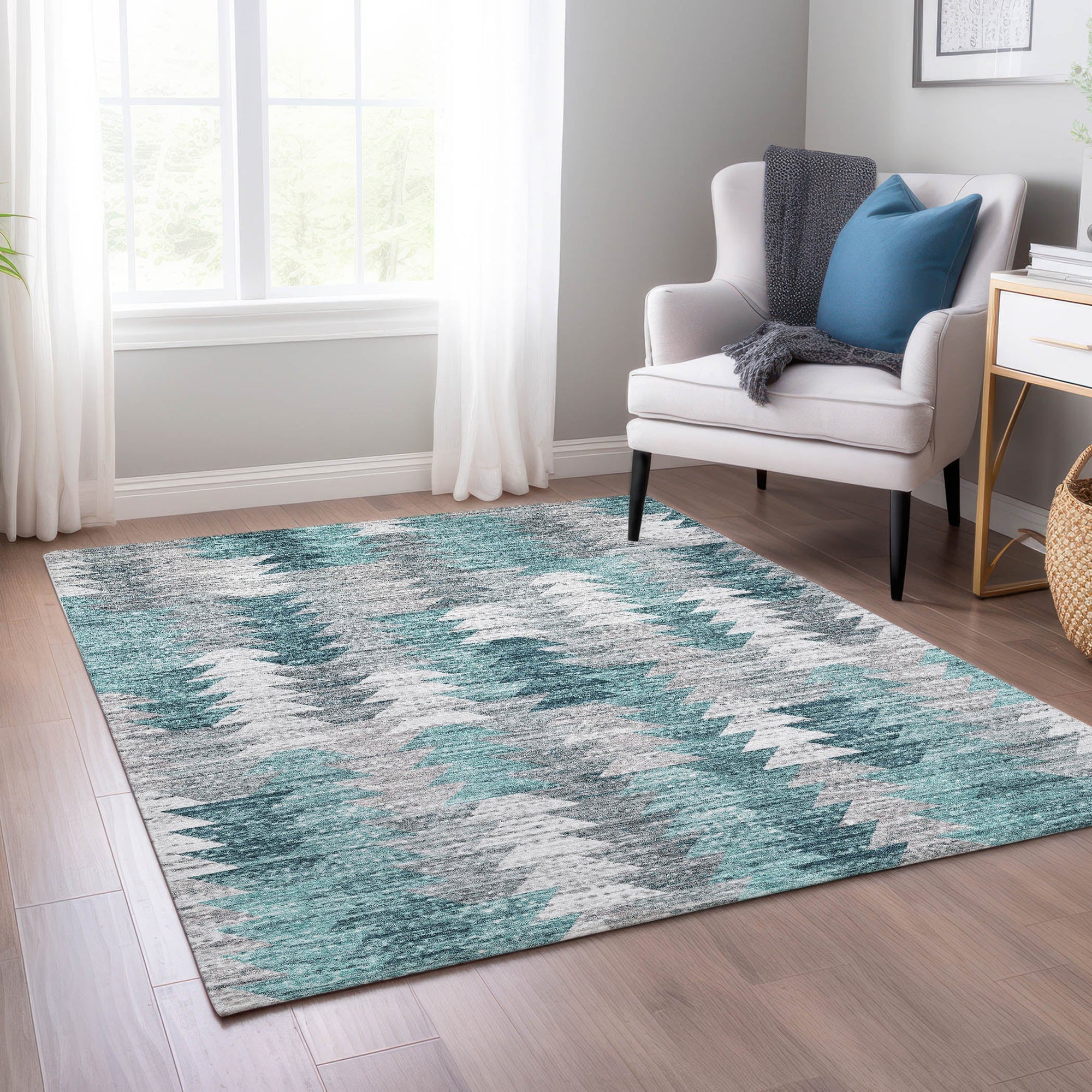 Addison Rugs Angled Checks Teal Washable Indoor-Outdoor Rug