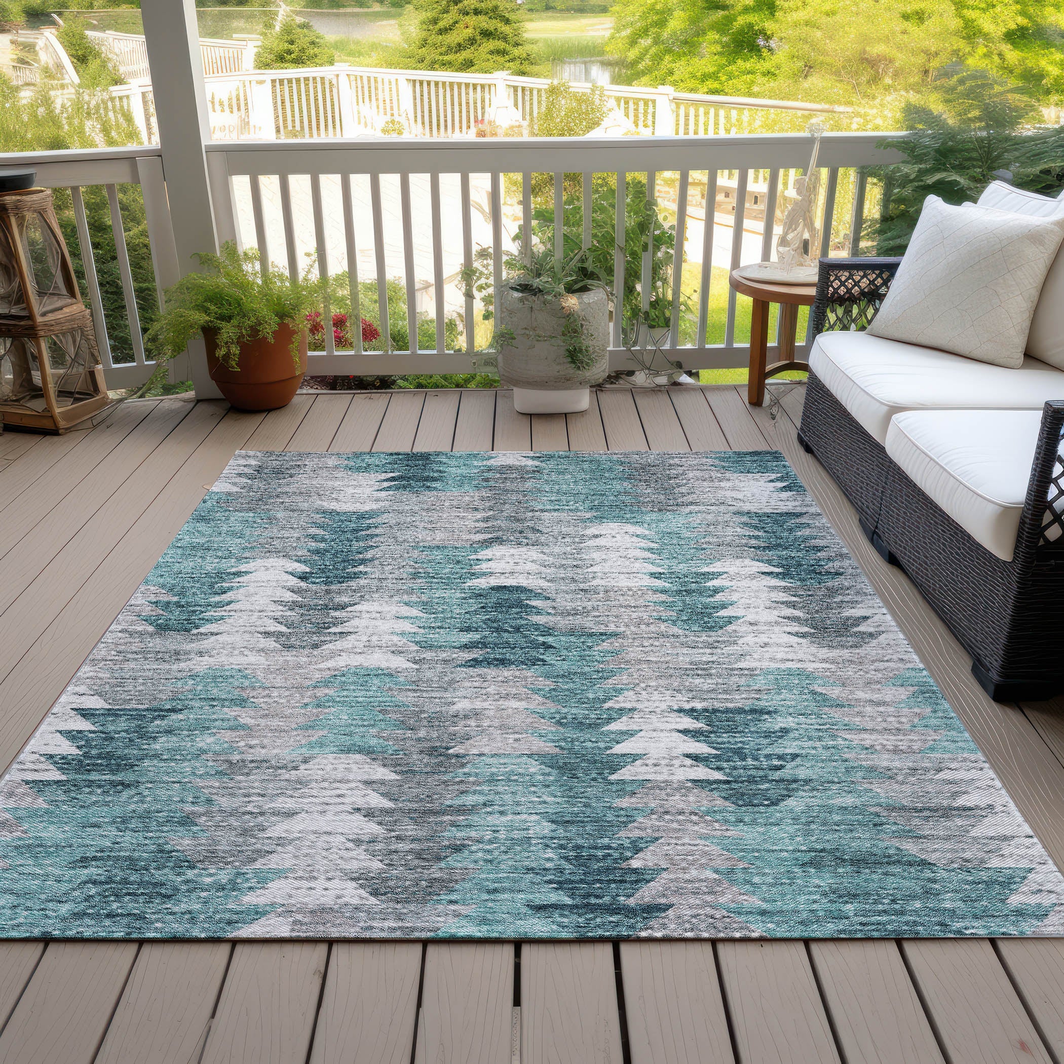 Angled Checks Teal Washable Indoor-Outdoor Rug
