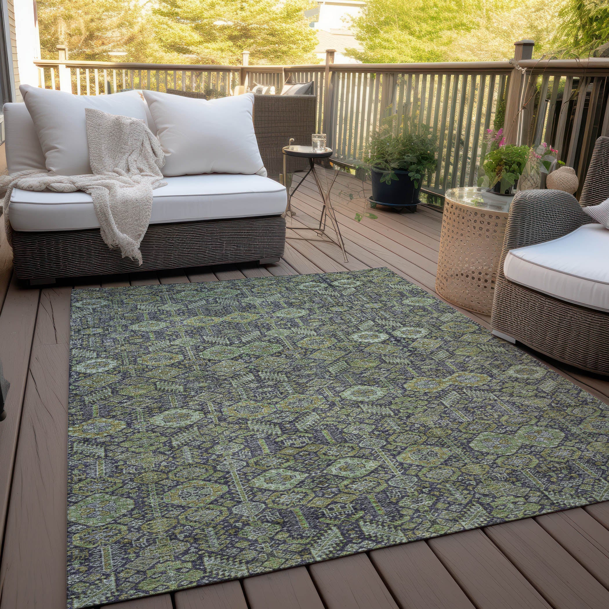 Bohemian Green Washable Indoor-Outdoor Rug