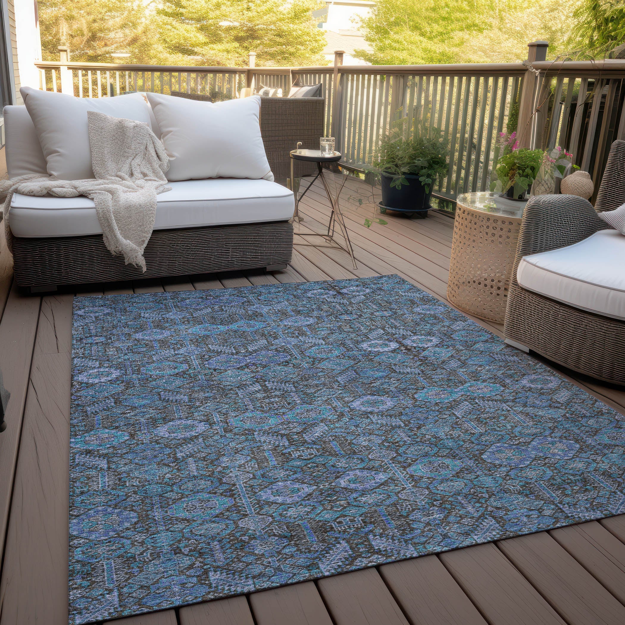Bohemian Teal Washable Indoor-Outdoor Rug