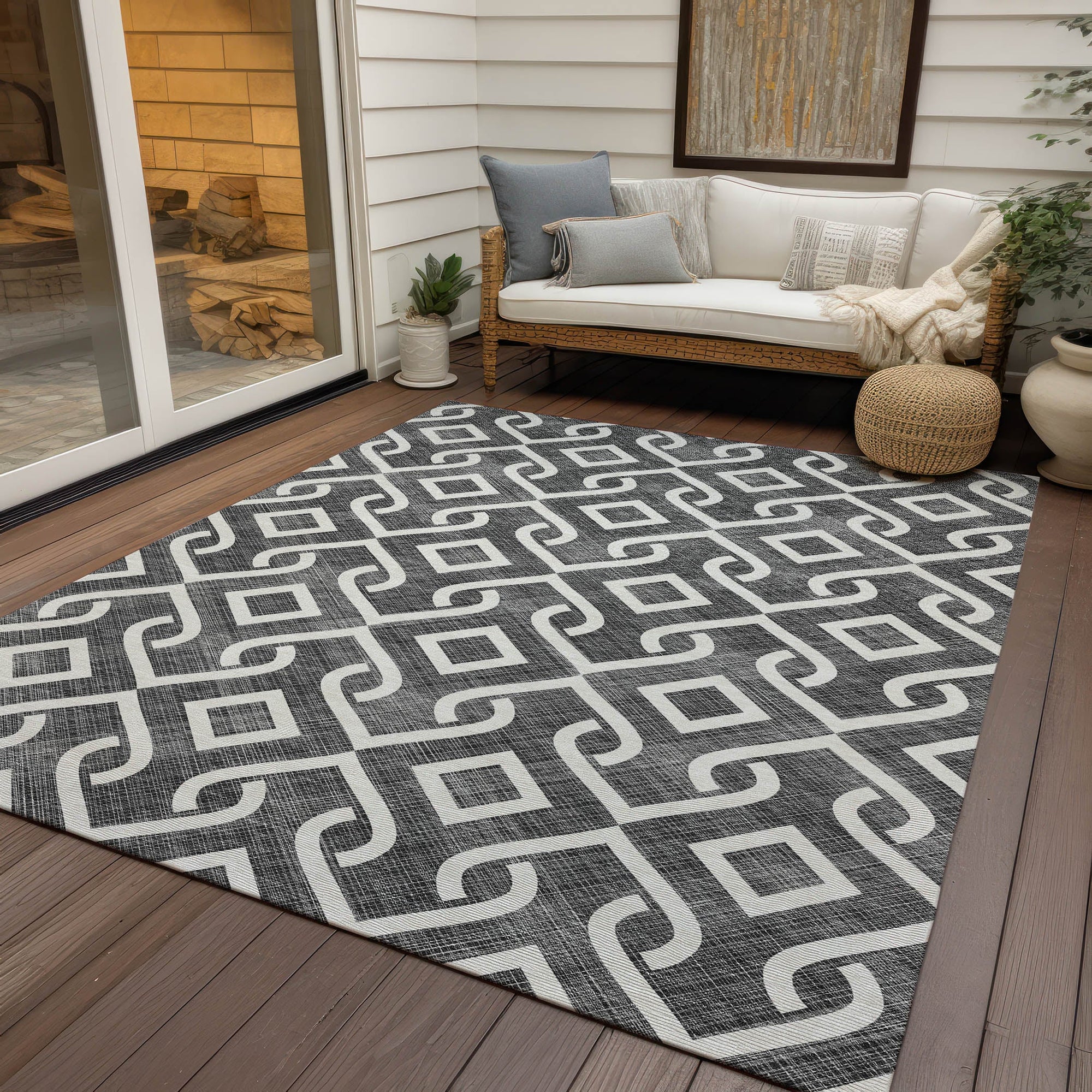 Addison Rugs Offset Stripes Black Washable Indoor-Outdoor Rug