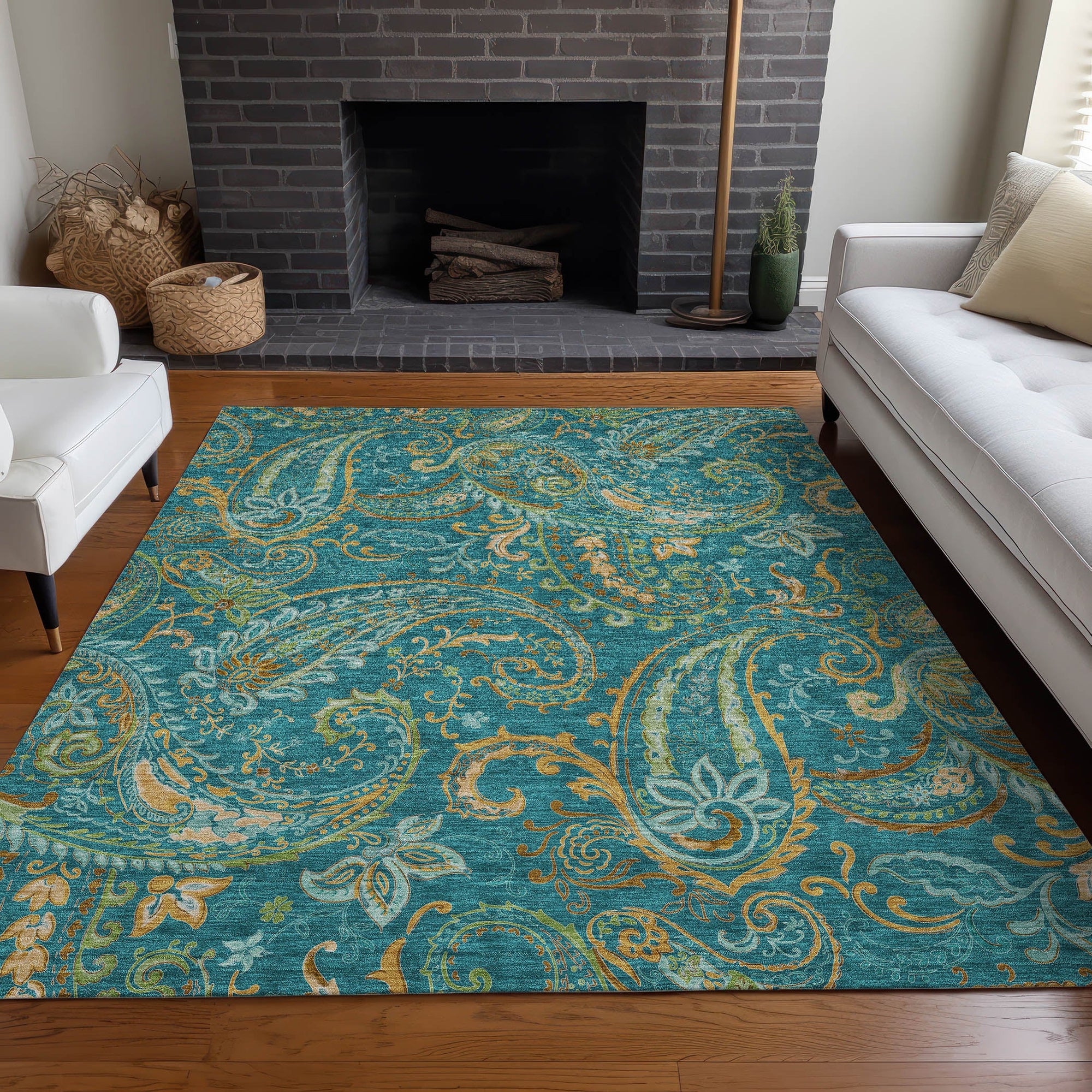 Addison Rugs Paisley Teal Washable Indoor-Outdoor Rug