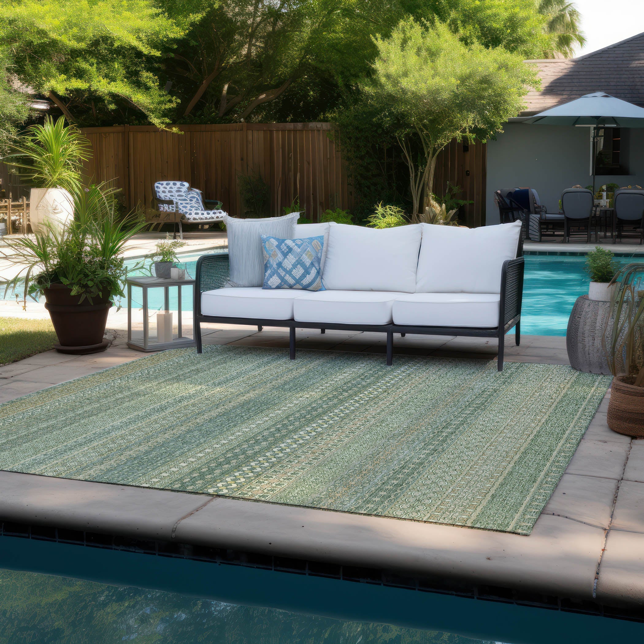 Stripes Green Washable Indoor-Outdoor Rug