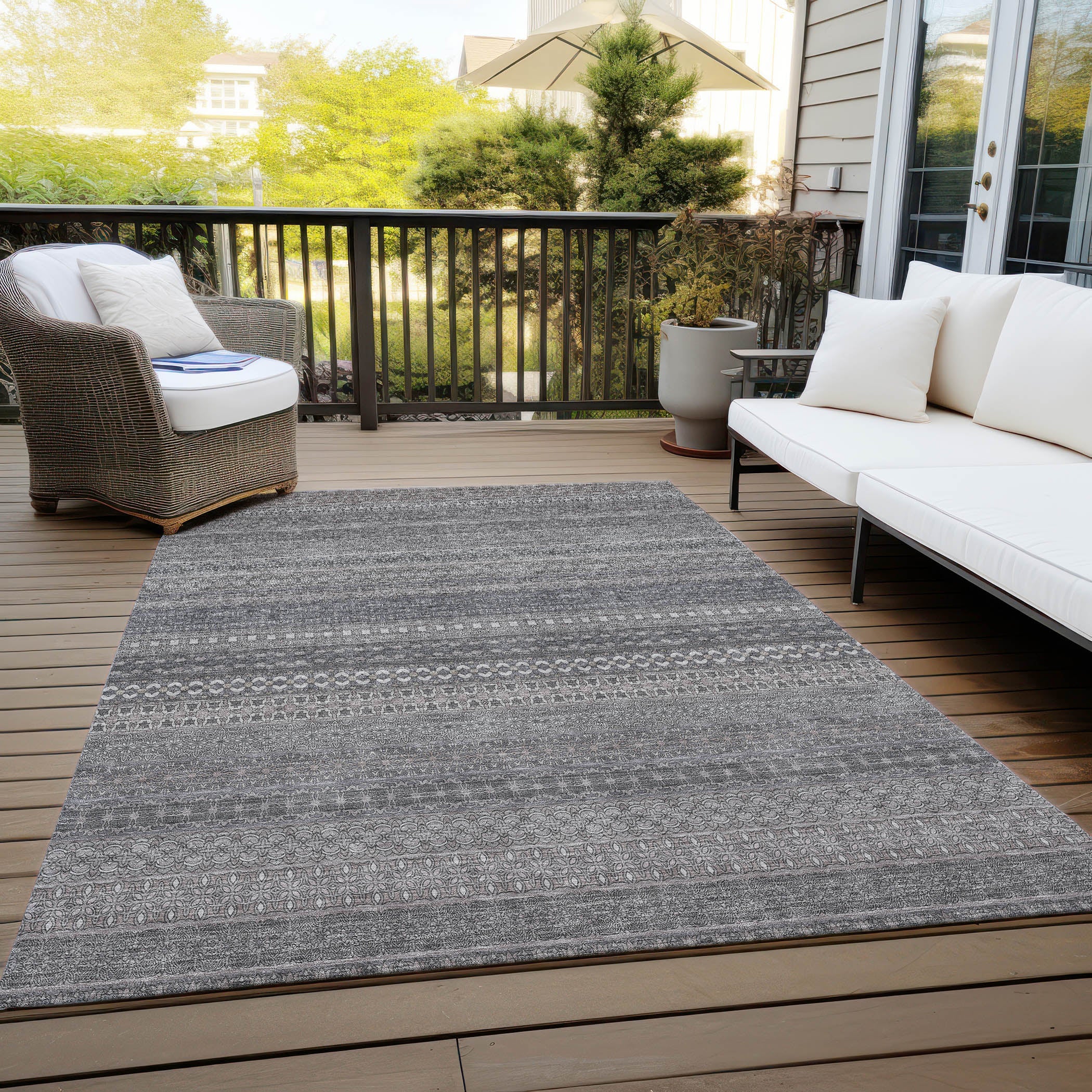 Stripes Grey Washable Indoor-Outdoor Rug
