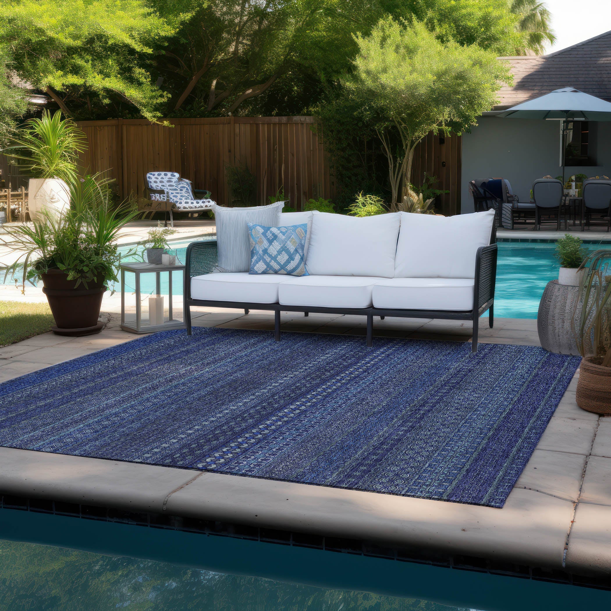 Stripes Navy Washable Indoor-Outdoor Rug