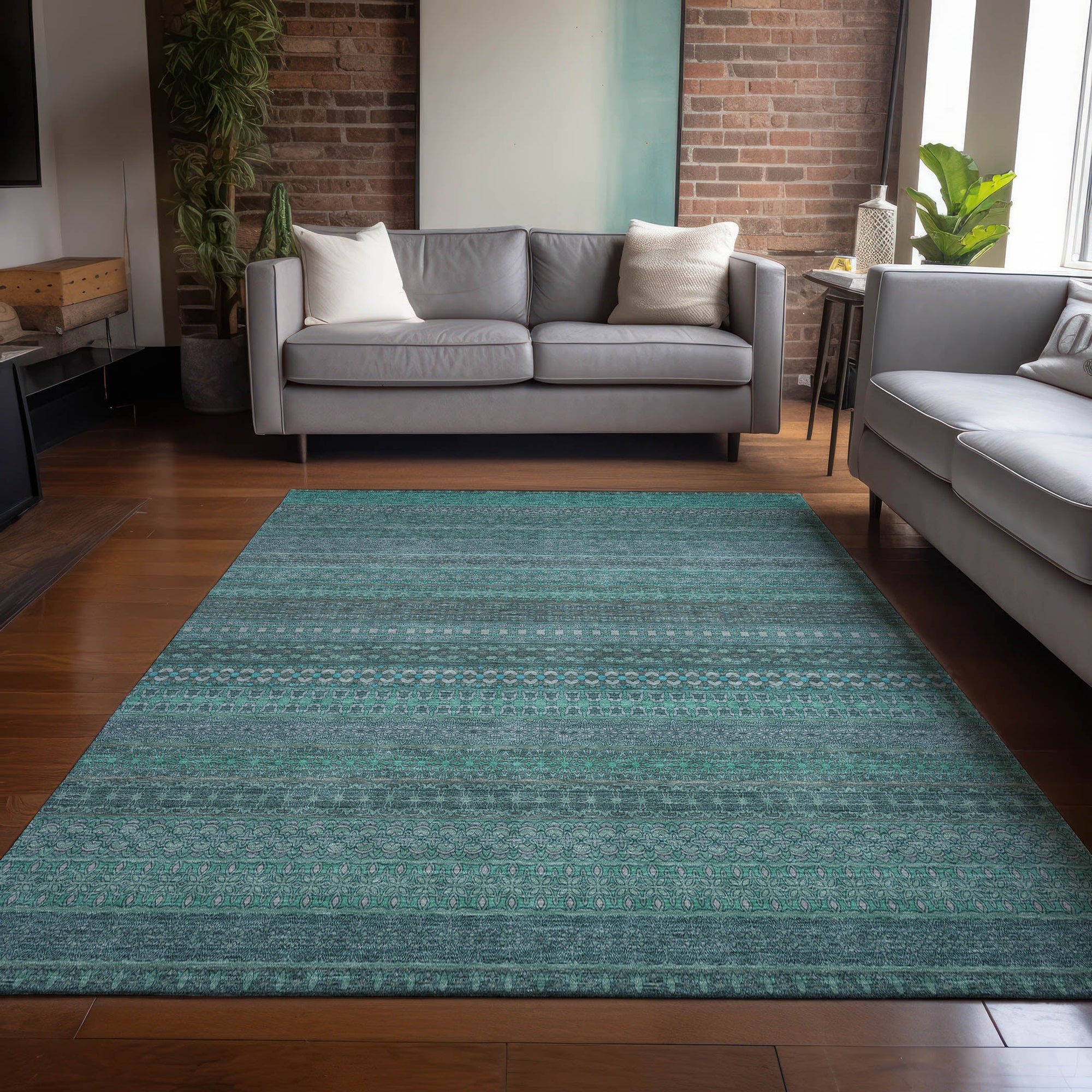 Addison Rugs Stripes Teal Washable Indoor-Outdoor Rug
