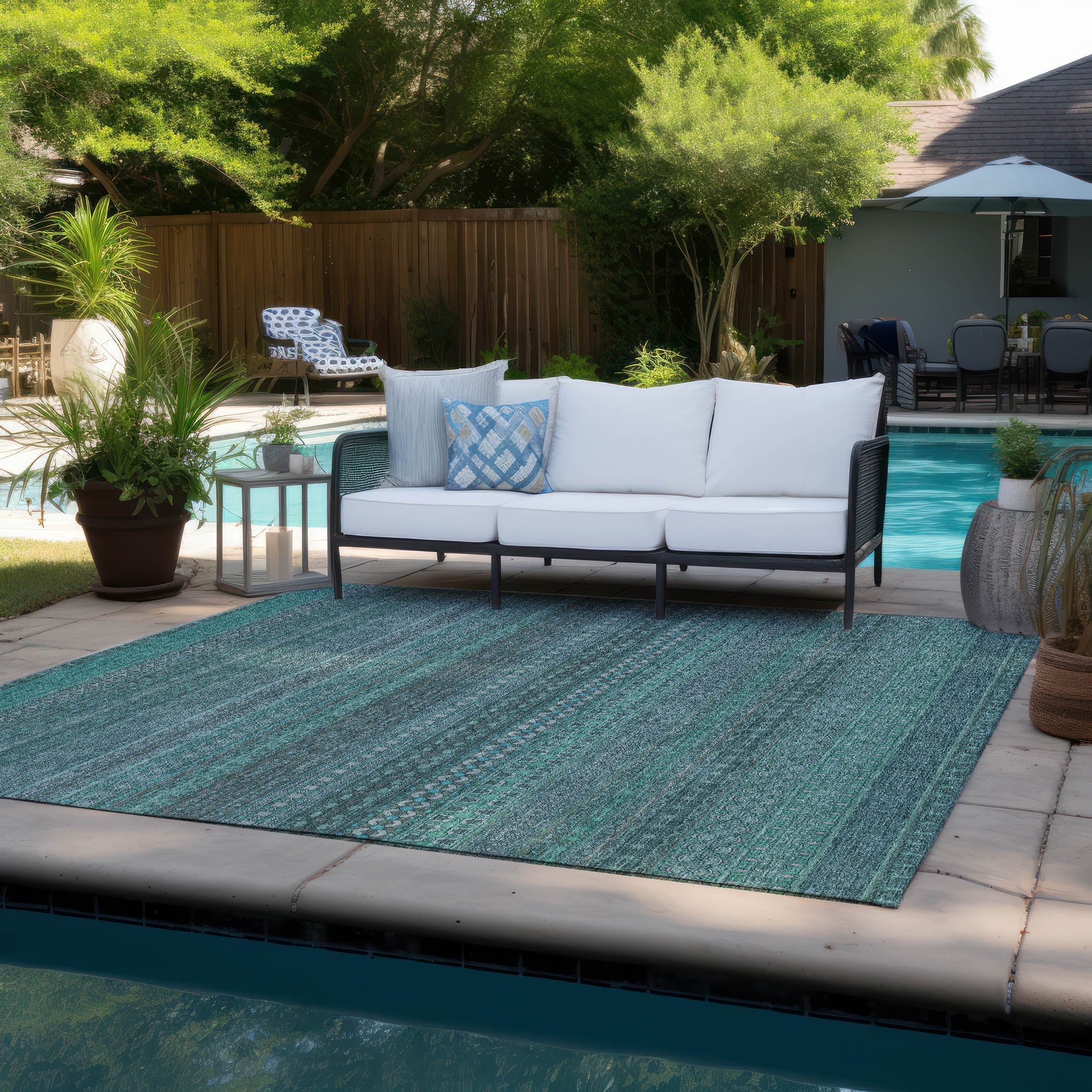 Stripes Teal Washable Indoor-Outdoor Rug