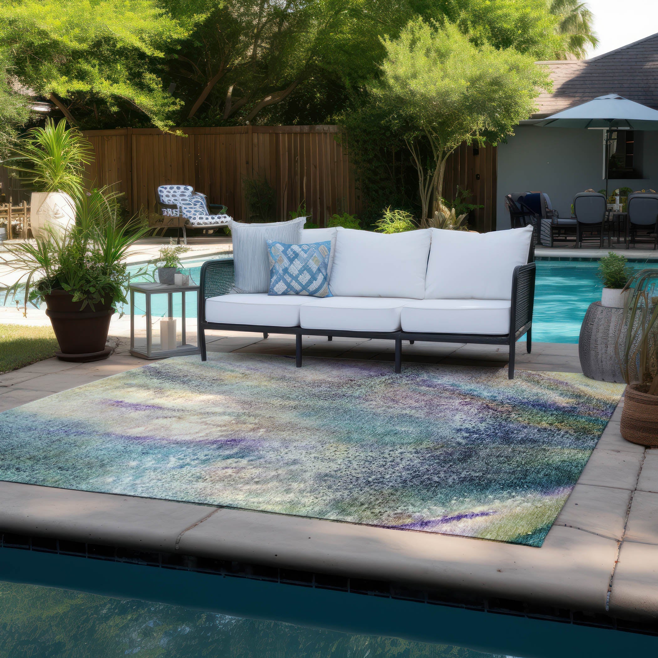 Watercolors Blue Washable Indoor-Outdoor Rug