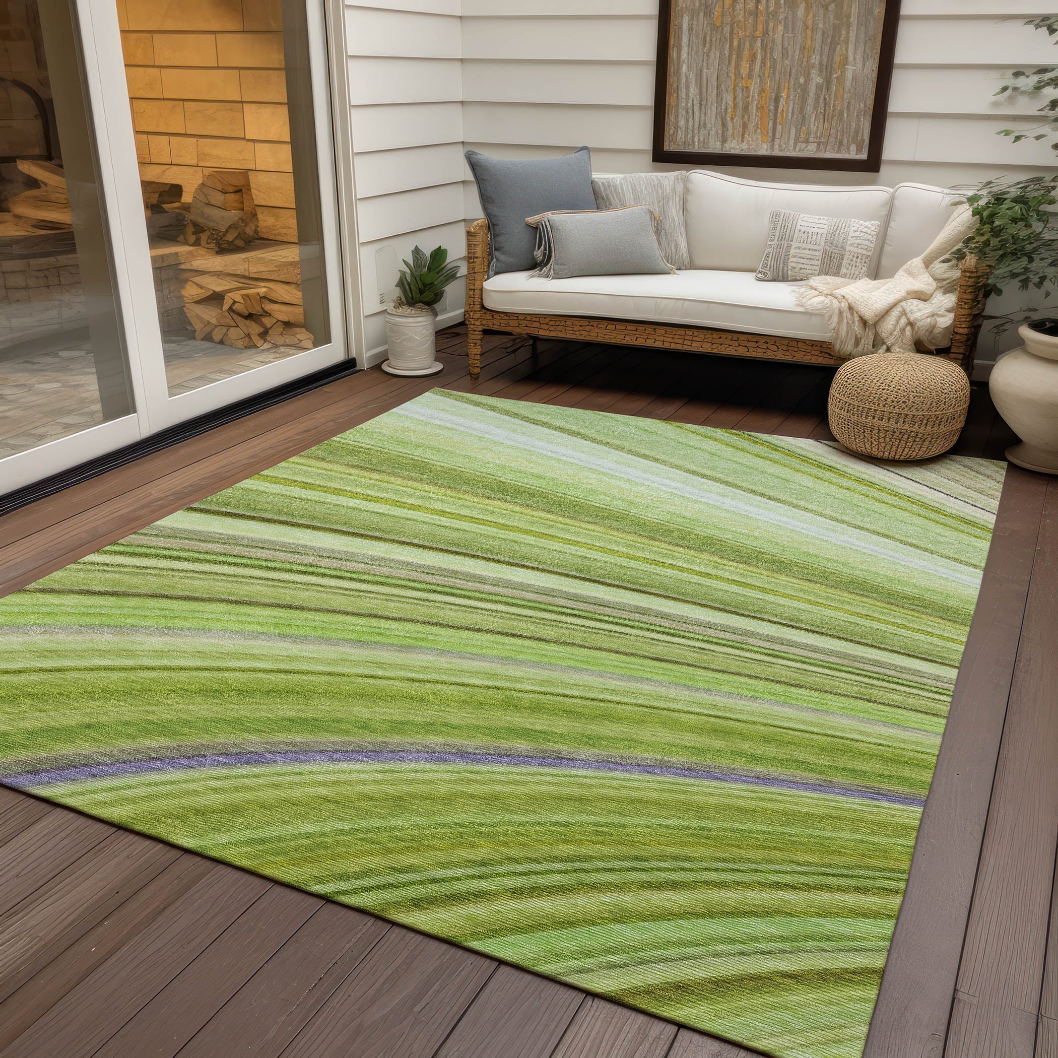Waves Green Washable Indoor-Outdoor Rug