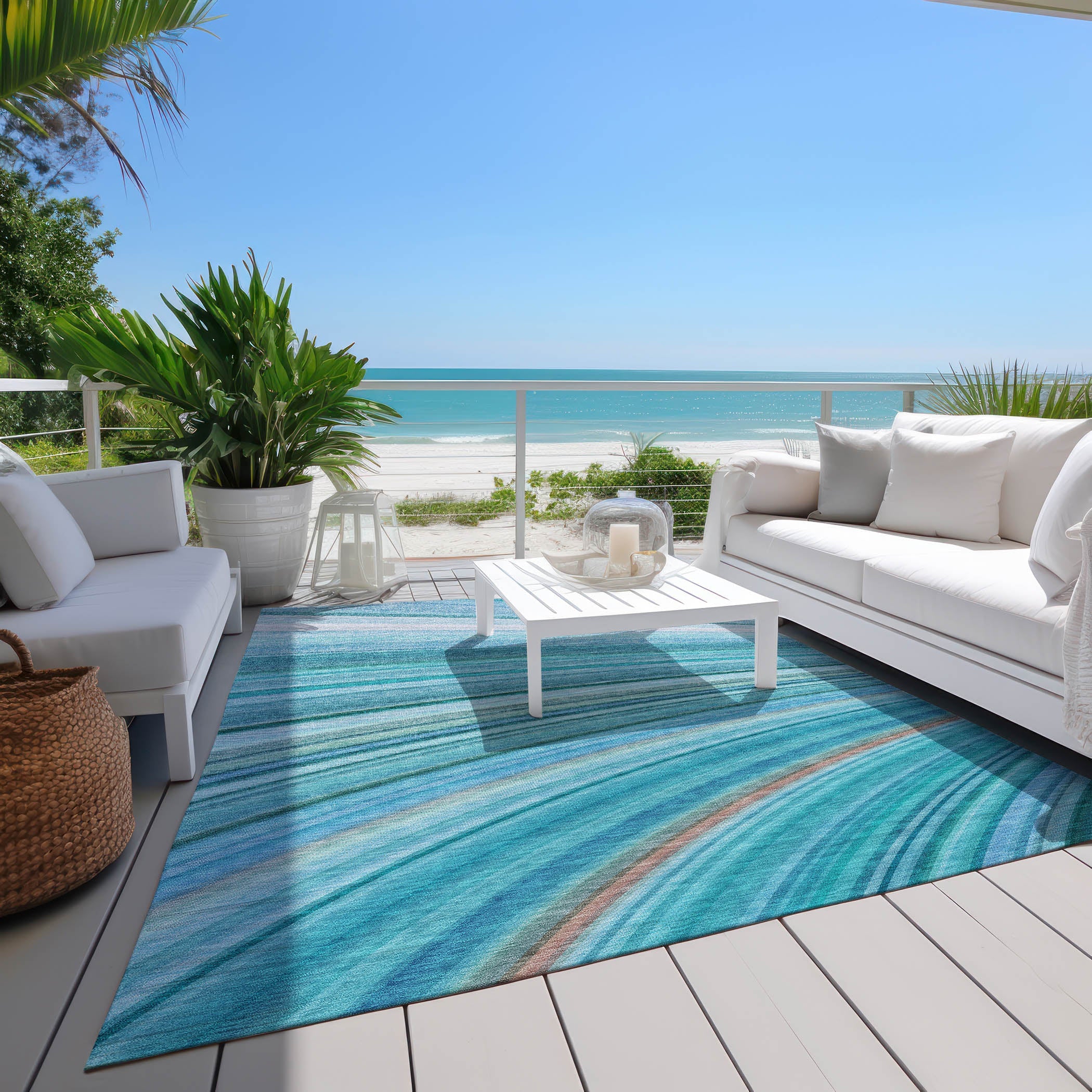 Waves Teal Washable Indoor-Outdoor Rug