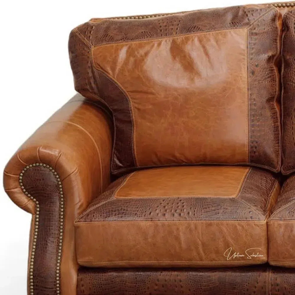 Western Leather Couch Brown Alligator Embossed Leather -- view 2