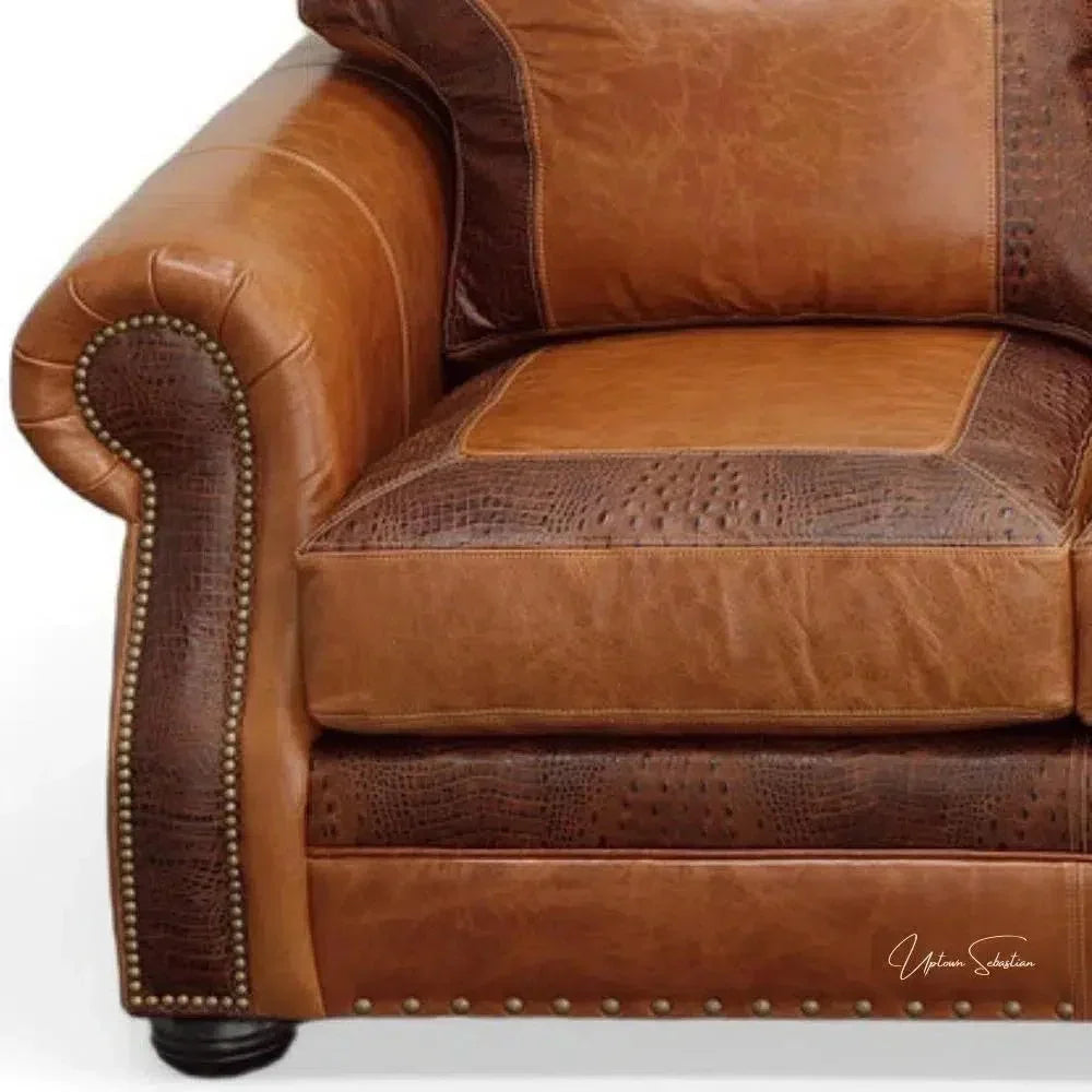 Western Leather Couch Brown Alligator Embossed Leather -- view 3
