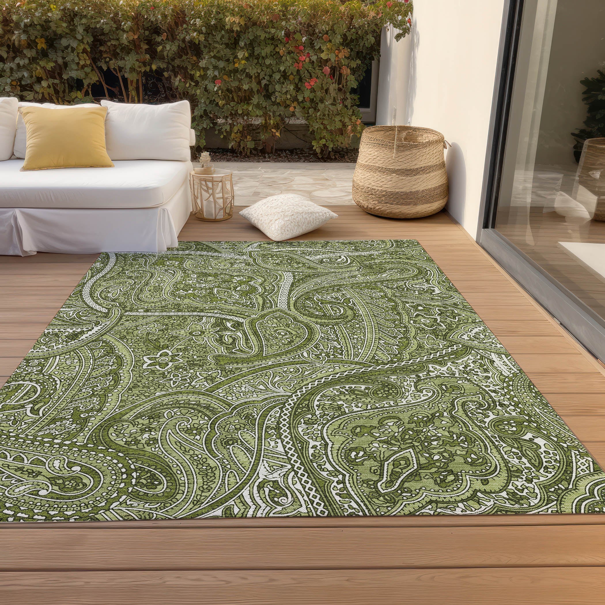 Woven Blocks Green Washable Indoor-Outdoor Rug