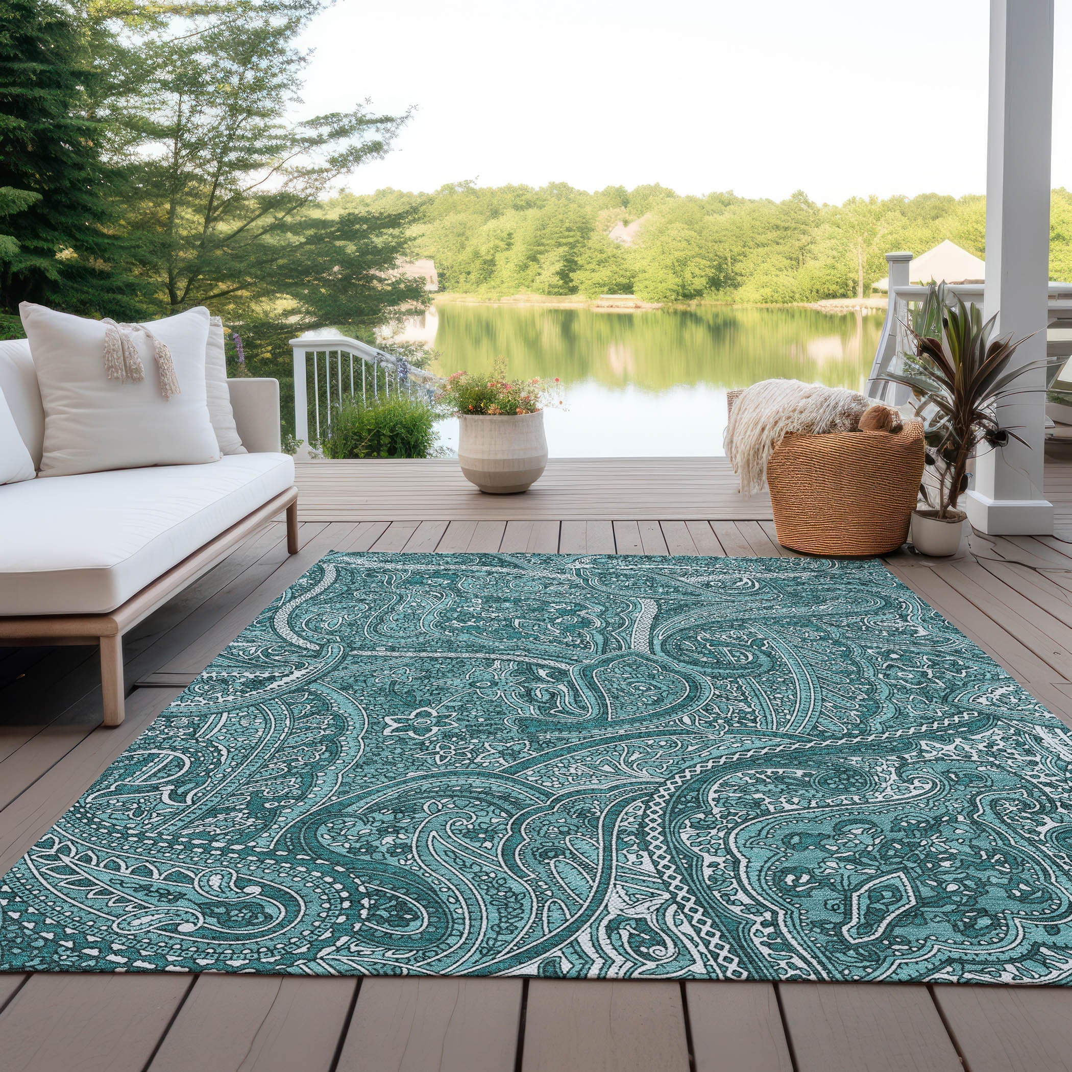 Woven Blocks Teal Washable Indoor-Outdoor Rug