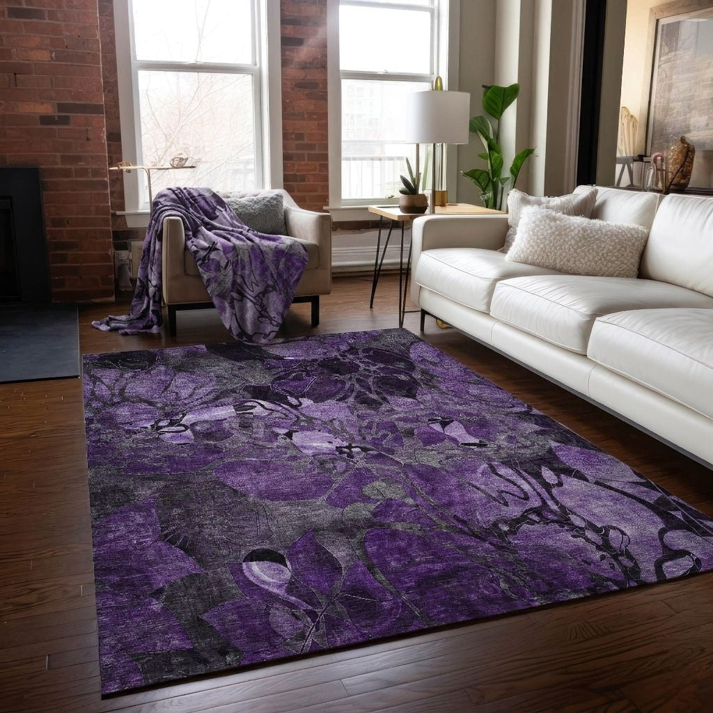 Floral Purple Washable Indoor-Outdoor Rug with Matching Throw -- purple