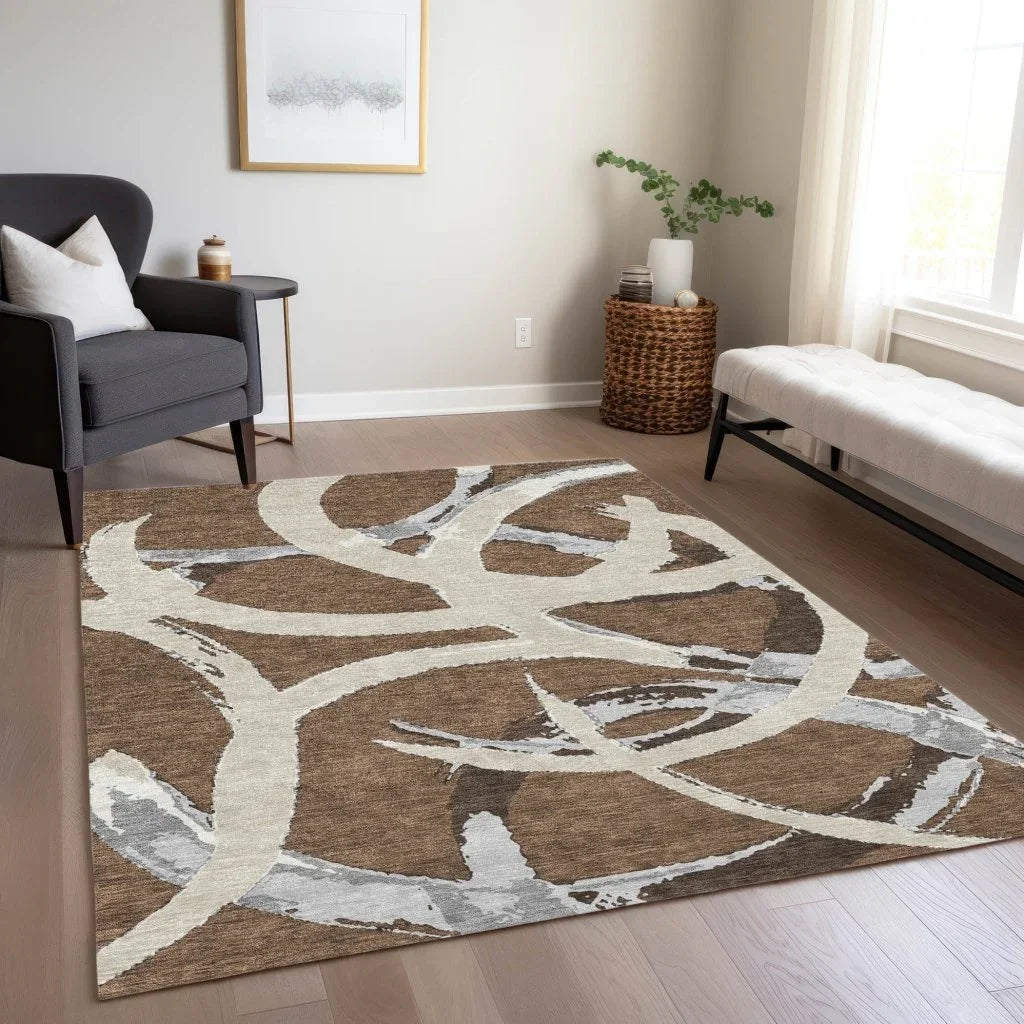 LOOMLAN Rugs Aloura Brown Washable Indoor-Outdoor Rug