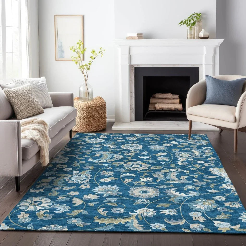 LOOMLAN Rugs Aveline Blue Washable Indoor-Outdoor Rug
