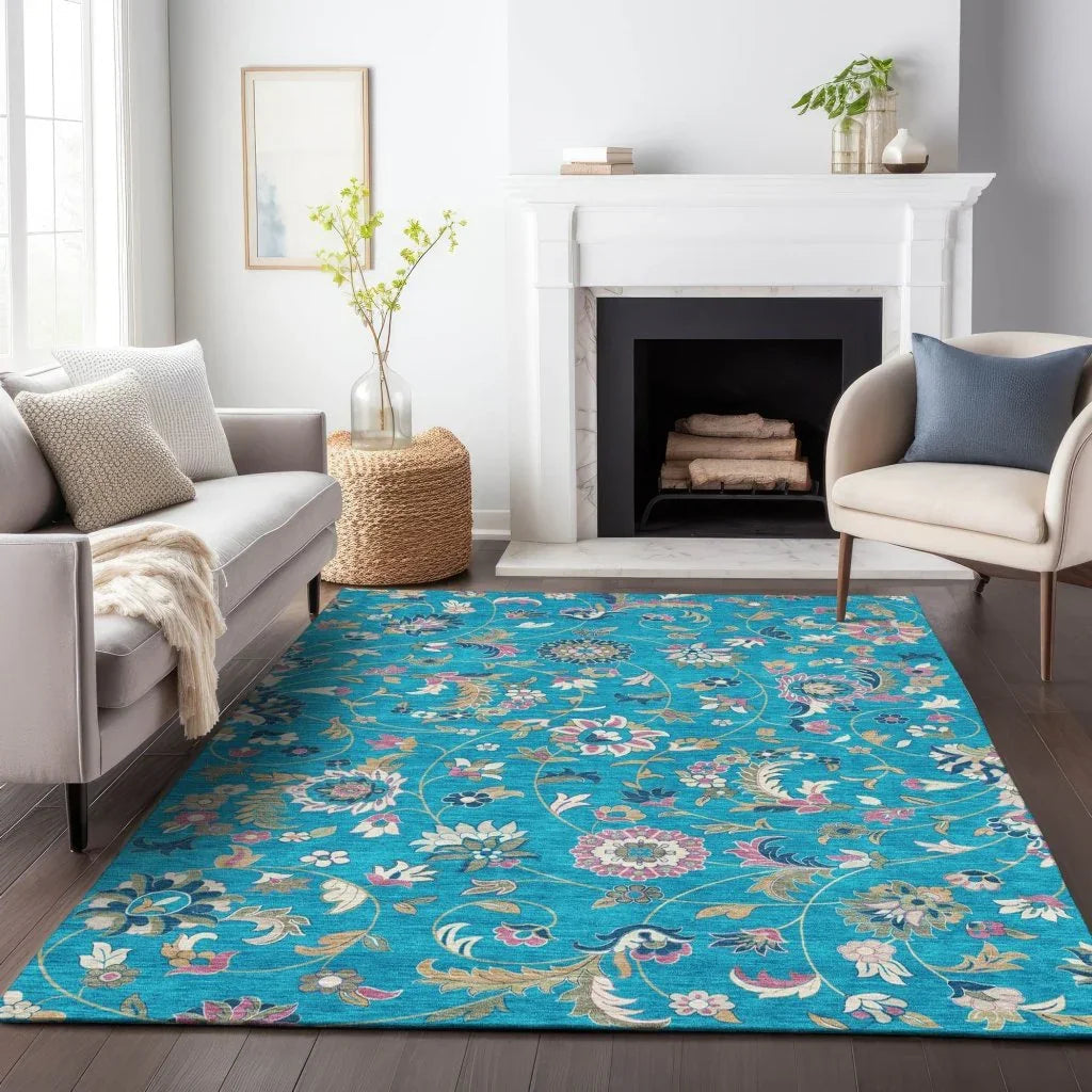 LOOMLAN Rugs Aveline Teal Washable Indoor-Outdoor Rug