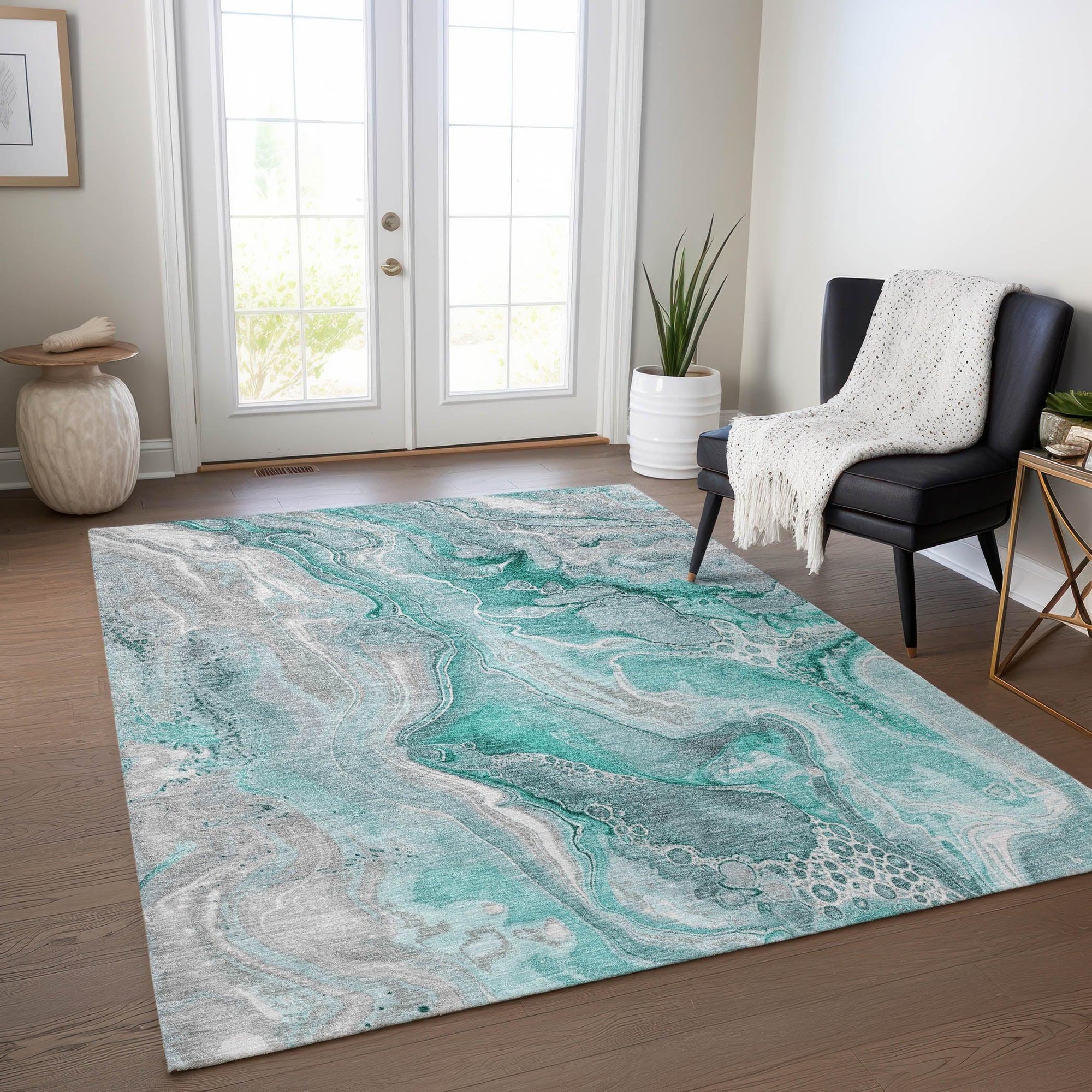 LOOMLAN Rugs Caelara Teal Washable Indoor-Outdoor Rug