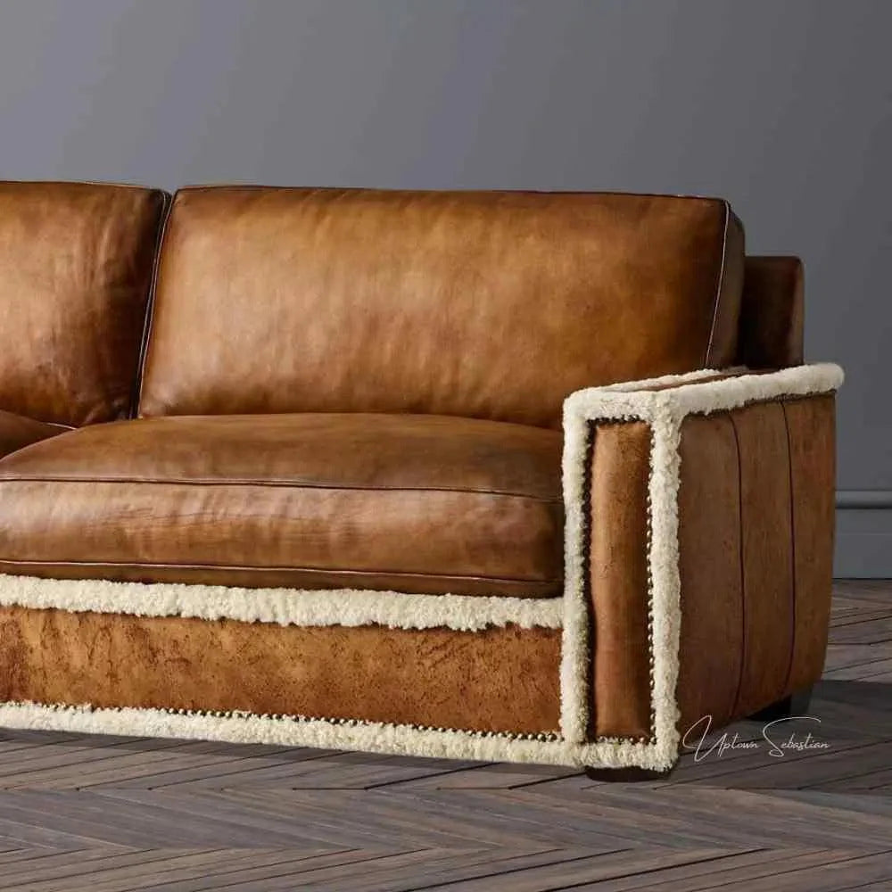 Austin Brown Benchmade Leather Couch With Shearing Trim Sofas &amp; Loveseats LOOMLAN By Uptown Sebastian