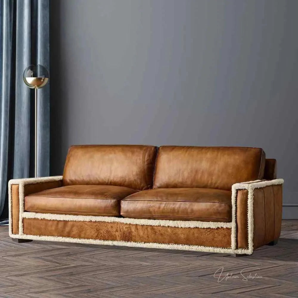 Austin Brown Benchmade Leather Couch With Shearing Trim Sofas & Loveseats LOOMLAN By Uptown Sebastian