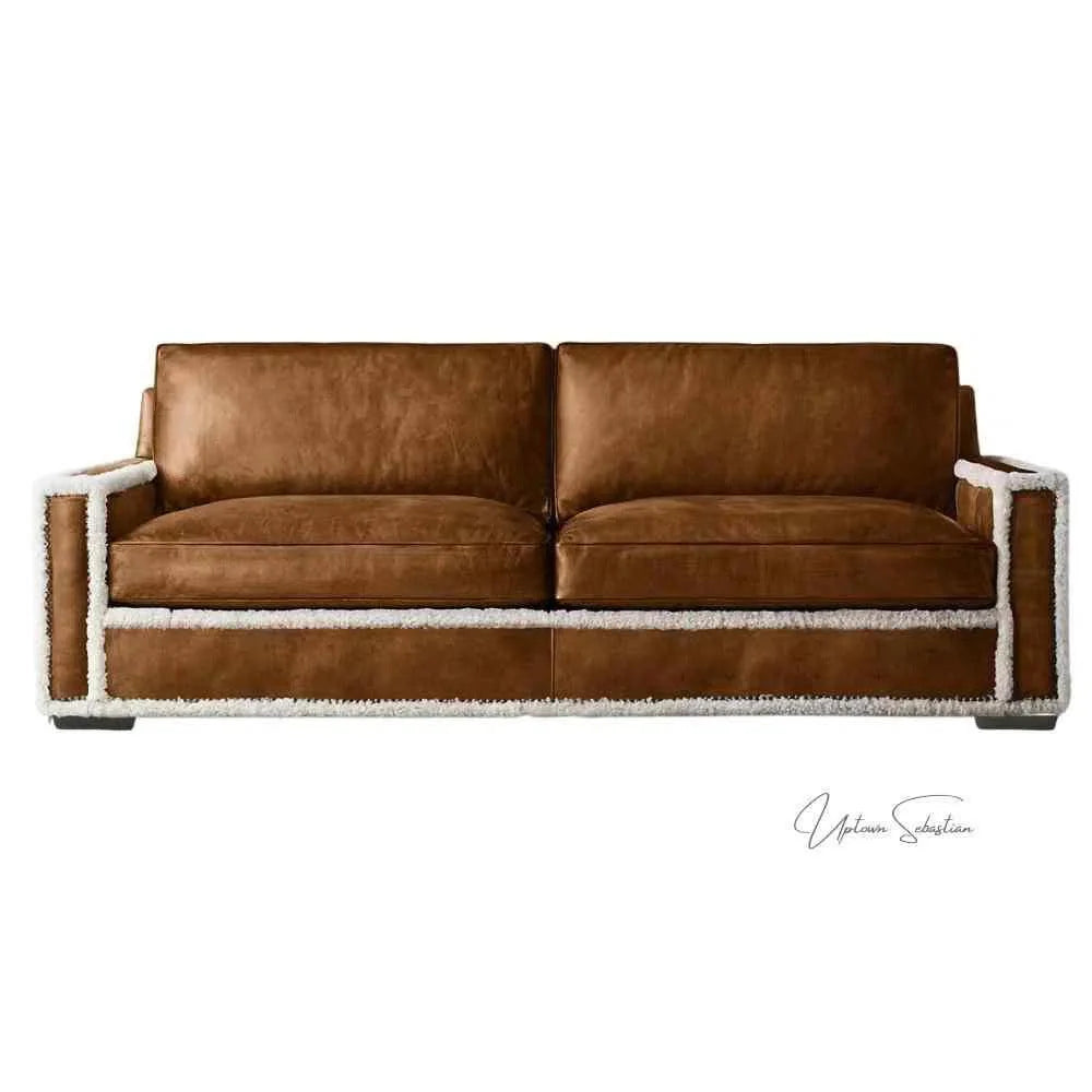 Austin Brown Benchmade Leather Couch With Shearing Trim Sofas &amp; Loveseats LOOMLAN By Uptown Sebastian