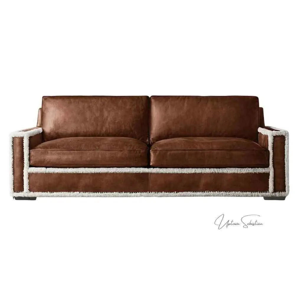 Austin Brown Benchmade Leather Couch With Shearing Trim Sofas &amp; Loveseats LOOMLAN By Uptown Sebastian