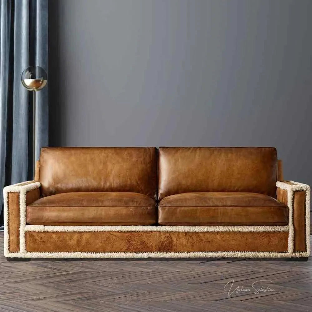 Austin Brown Benchmade Leather Couch With Shearing Trim Sofas & Loveseats LOOMLAN By Uptown Sebastian