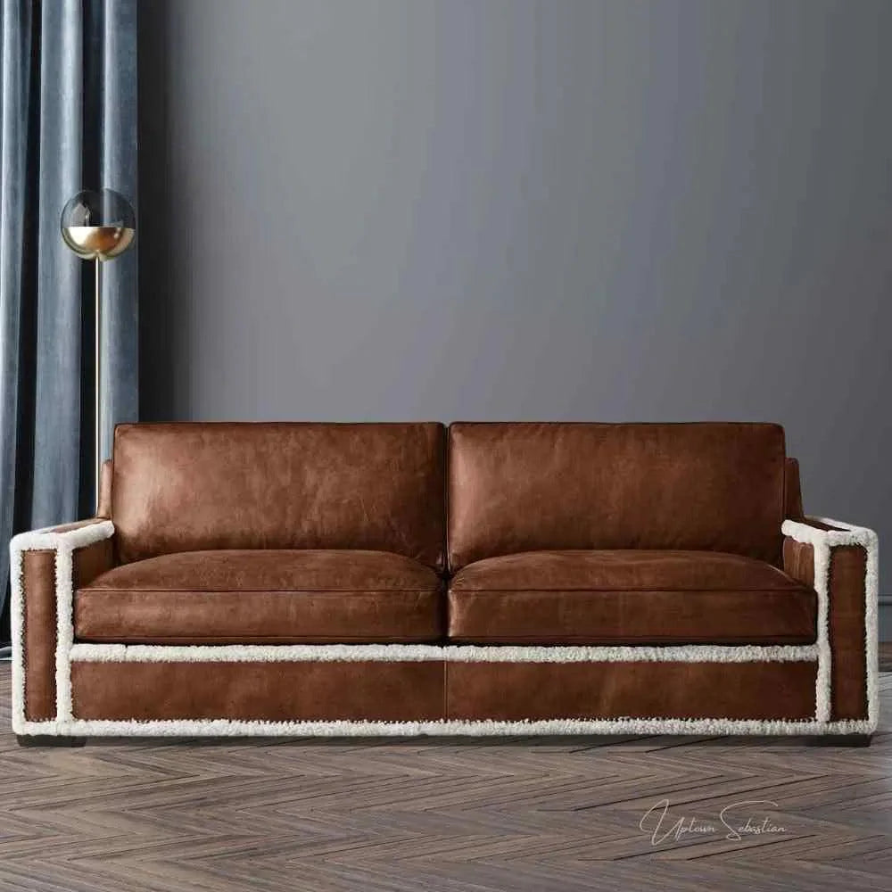 Austin Brown Benchmade Leather Couch With Shearing Trim Sofas &amp; Loveseats LOOMLAN By Uptown Sebastian