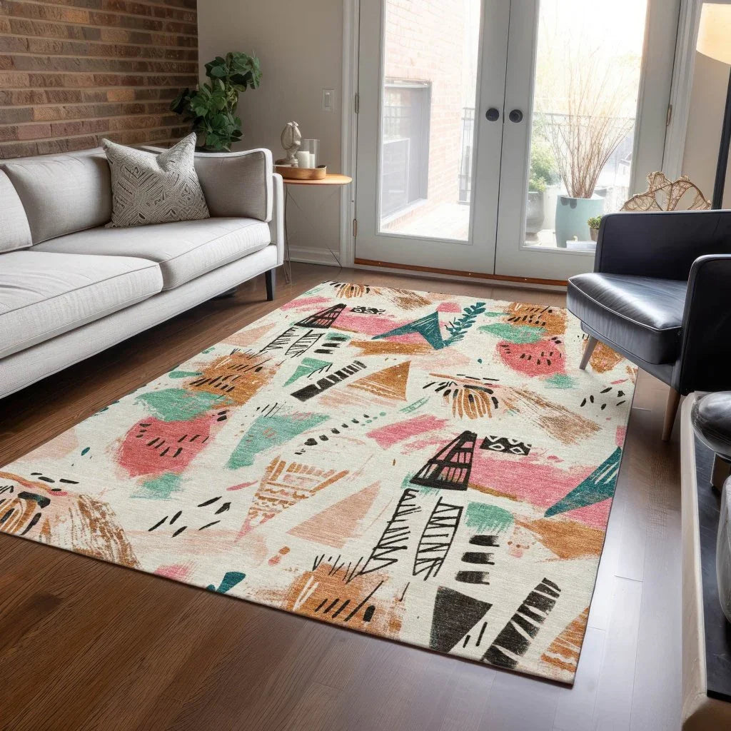 LOOMLAN Rugs Veldorah Ivory Washable Indoor-Outdoor Rug
