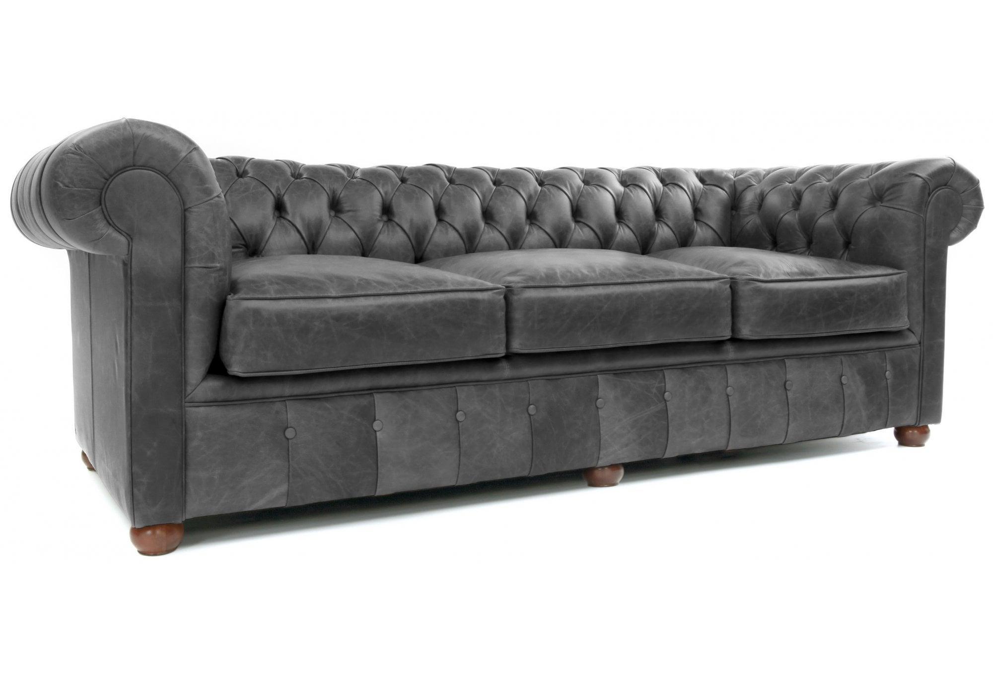 108&quot; Wide Vintage Gray Chesterfield Leather Sofa Custom Made - Uptown Sebastian