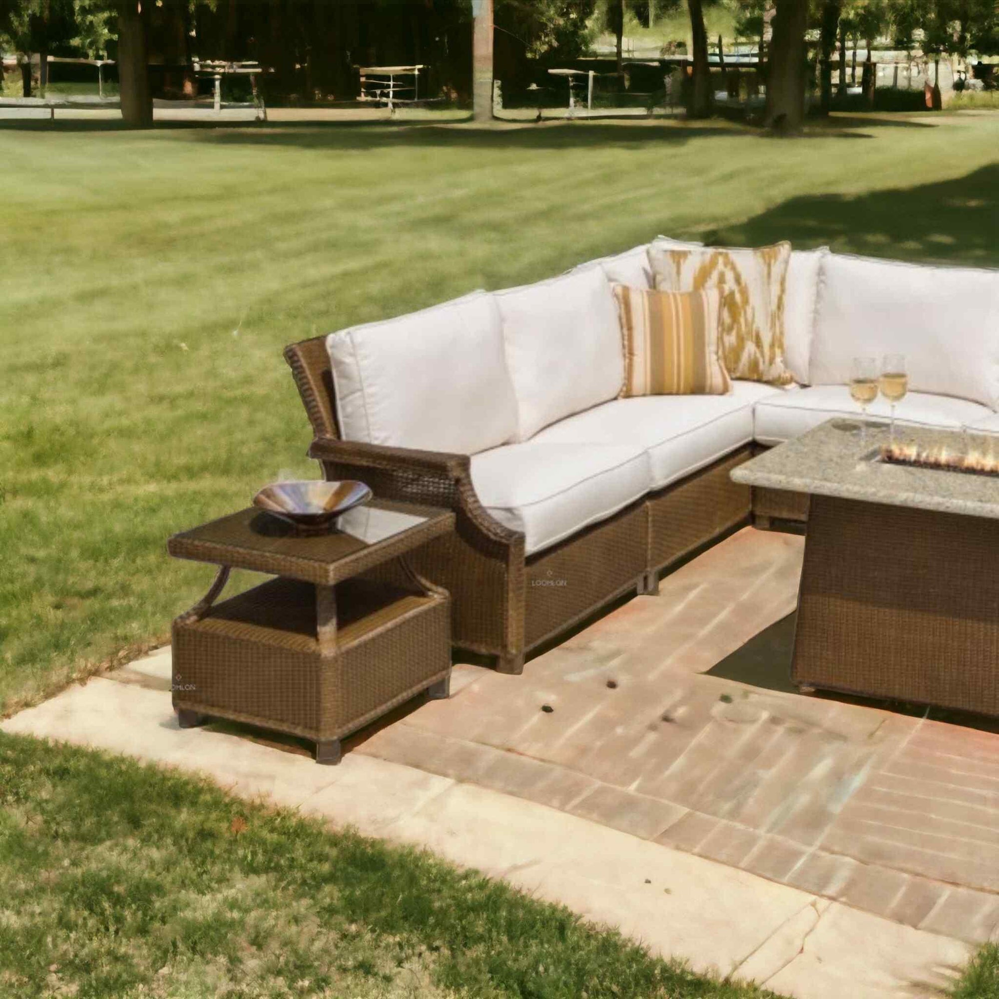 Lloyd Flanders Hamptons Outdoor Wicker L-Shaped Sectional With Tables