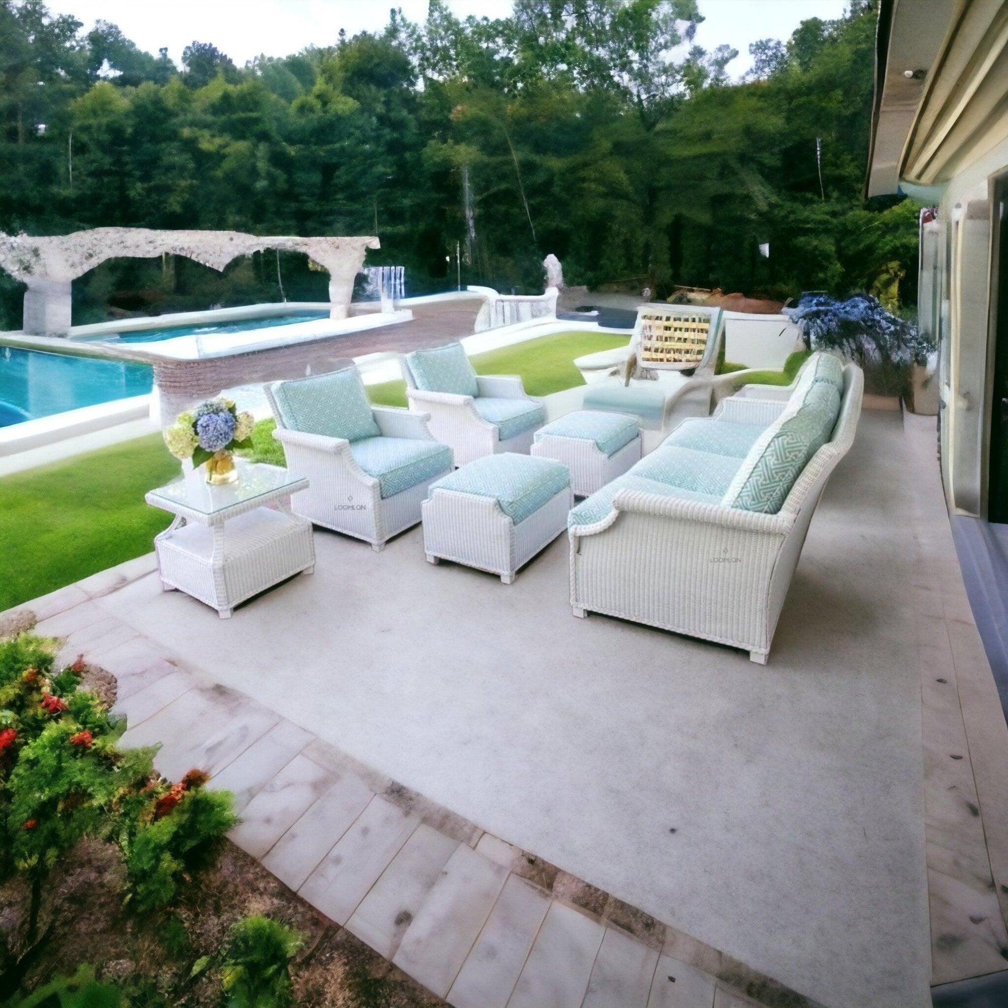 Lloyd Flanders Hamptons Outdoor Wicker Sofa &amp; Lounge Chair Set Tables
