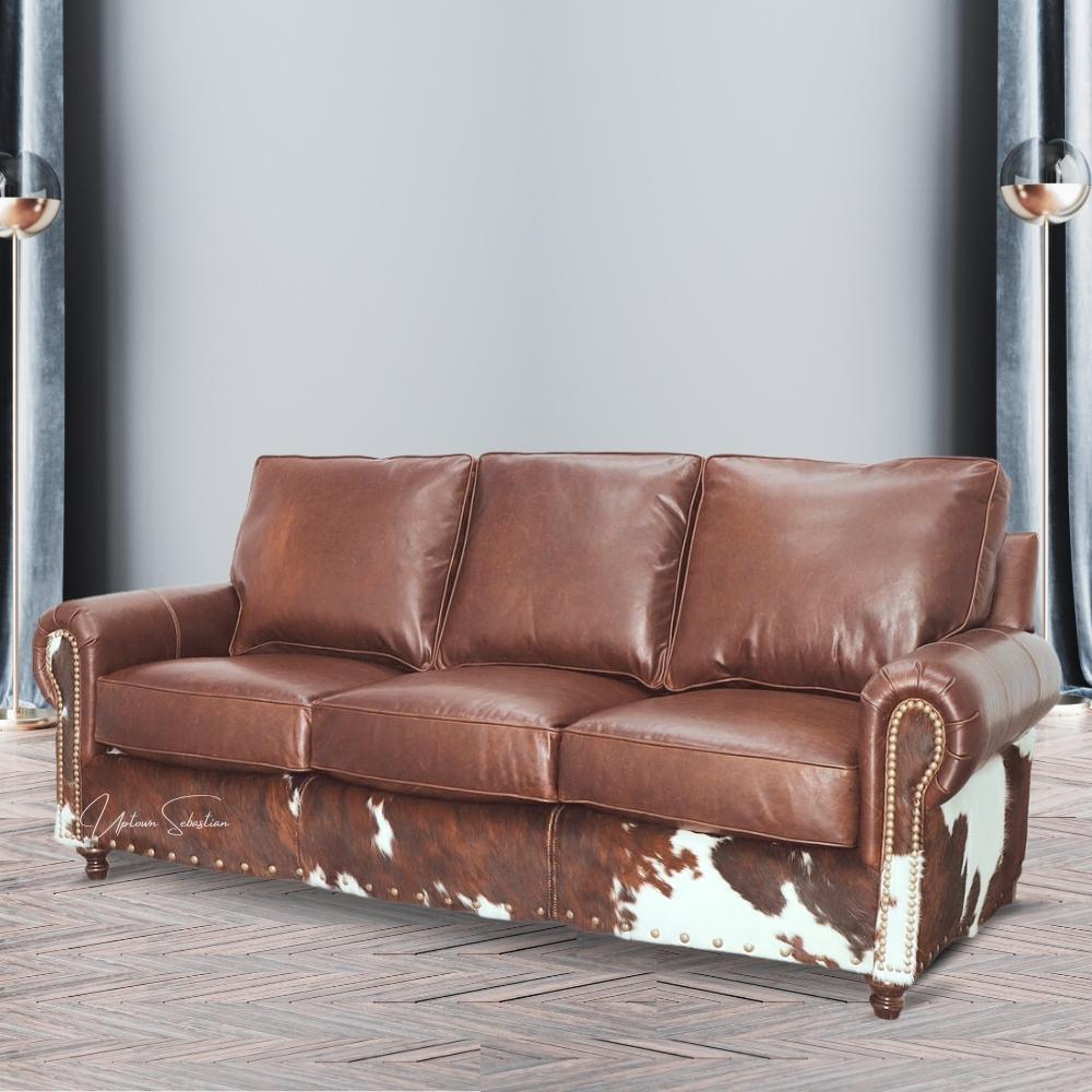 Western Style Leather &amp; Hair On Hide Sofa Brown Caramel Marshal - Uptown Sebastian