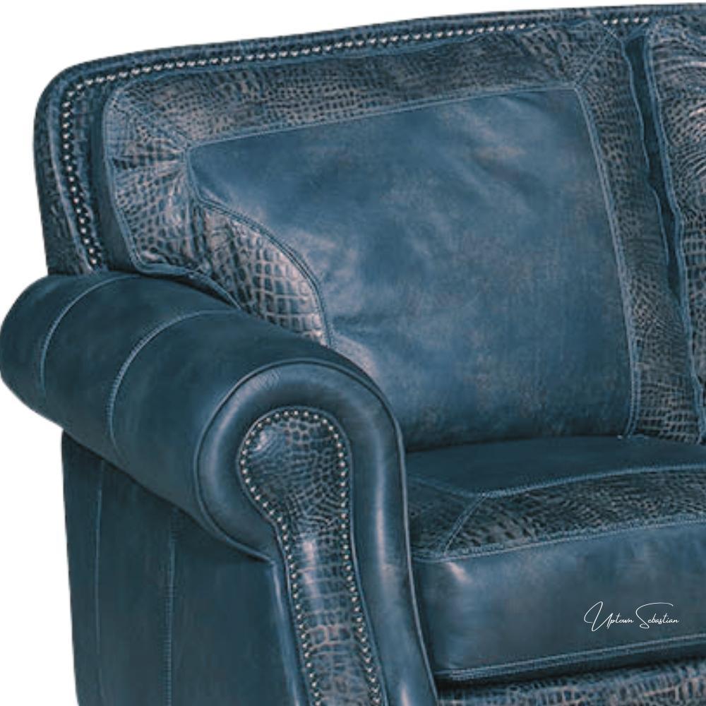 Western Style Leather Couch With Blue Alligator Embossed Leather - Uptown Sebastian