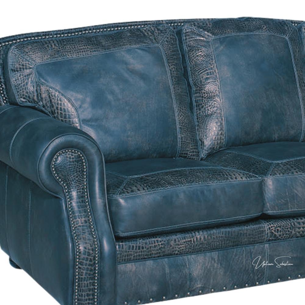 Western Style Leather Couch With Blue Alligator Embossed Leather - Uptown Sebastian